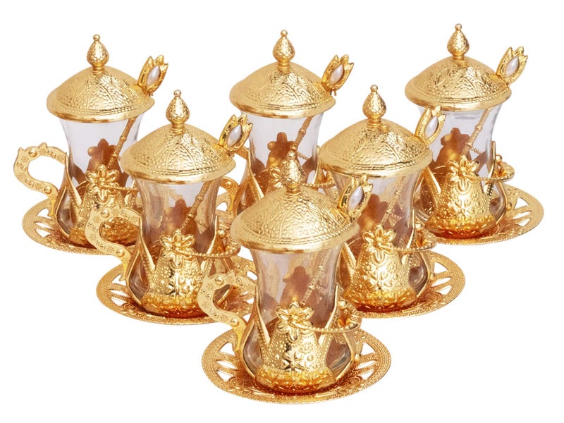 Alisveristime Handmade Turkish Tea Glass Set - Traditional Turkish Motifs, Set of 6 with Lids and Bonus Tea Spoons (Gold) - Image 3